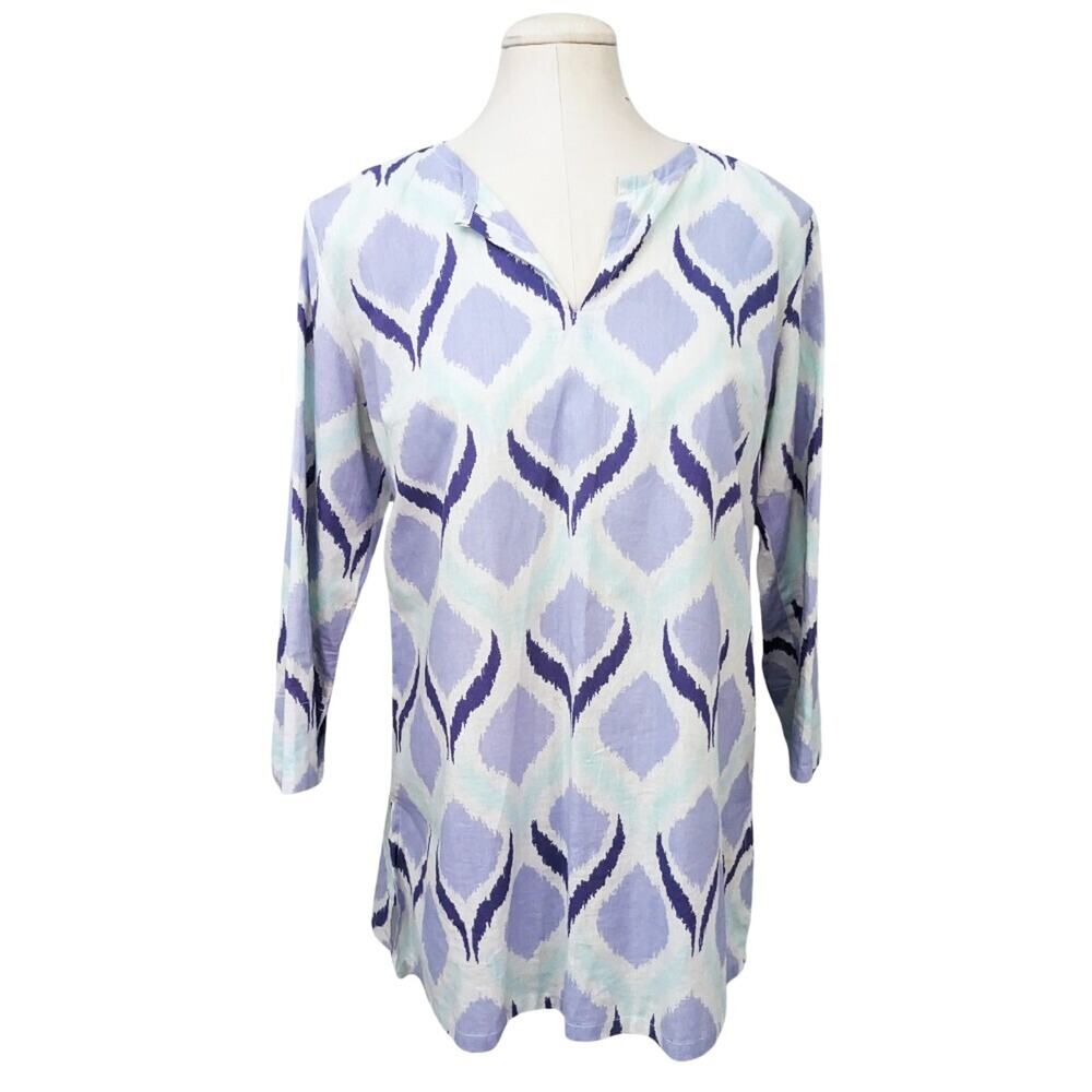 BOO GEMES White Blue Purple Ikat Cotton Long Sleeve Cover-Up Tunic Top Medium